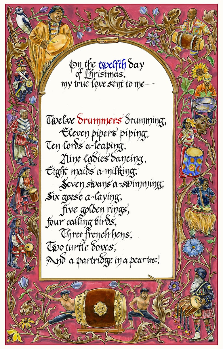 artwork by Ruth Tait representing the twelfth stanza of the carol 12 Days of Christmas with decorative border rendered in medieval style and iconography. See also caption.