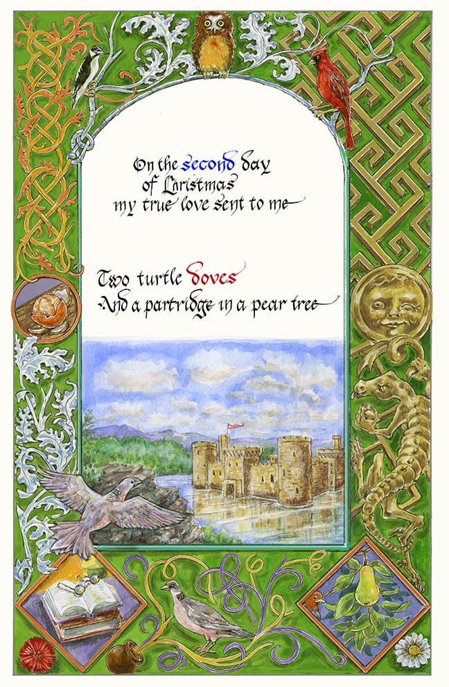 artwork by Ruth Tait representing the second stanza of the carol 12 Days of Christmas with decorative border rendered in medieval style and iconography showing organic decorative vines, stone key patterns, winking gargoyle and a dragon holding a ball. See also caption.